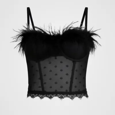 Bustiere negru cu pene transparente stil corset
