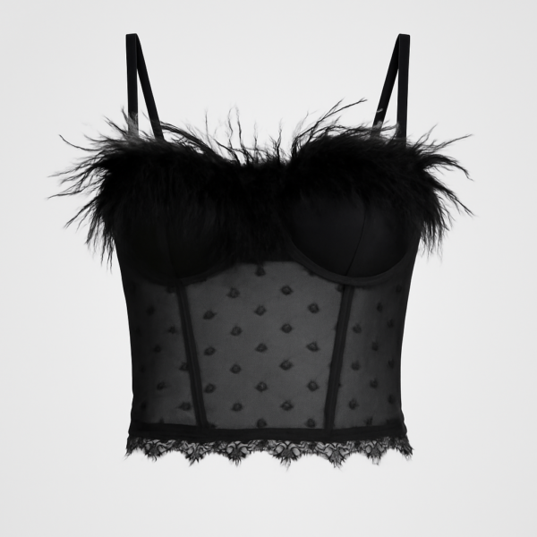 Bustiere negru cu pene transparente stil corset