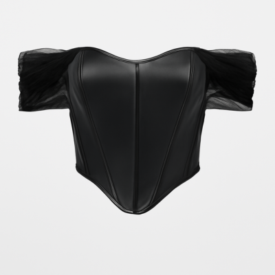 Bustieră neagră din piele artificială cu gât tip corset cu barcă
