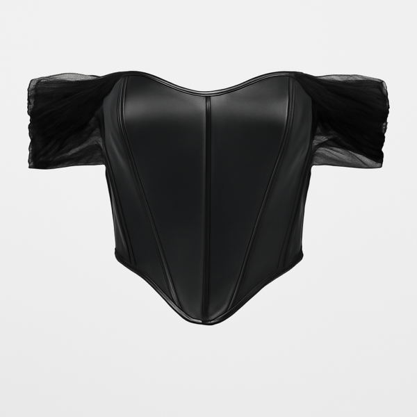 Bustieră neagră din piele artificială cu gât tip corset cu barcă