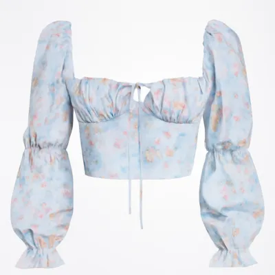 Bustieră elegantă cu mâneci bufante și model floral