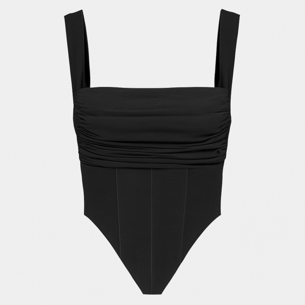 Top negru fără bretele cu detaliu corset