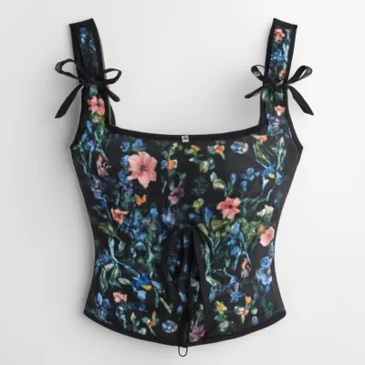 Corset floral negru cu bretele