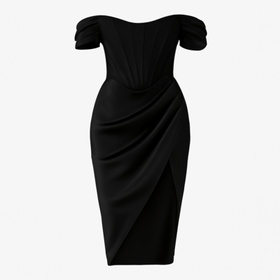 Rochie neagră fără bretele cu corset și gât barcă