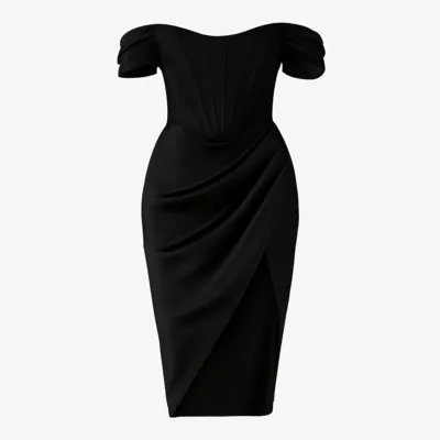 Rochie neagră fără bretele cu corset și gât barcă