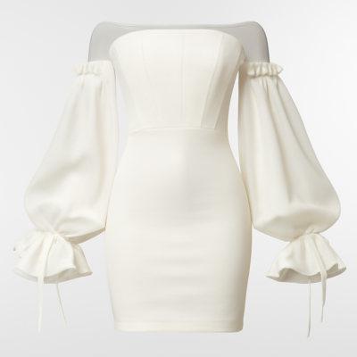 Rochie albă scurtă cu efect de corset și mâneci bufante