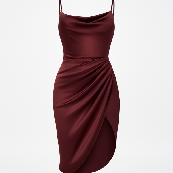 Rochie cu efect de corset burgundy de lungime medie, din satin, de culoare burgundă