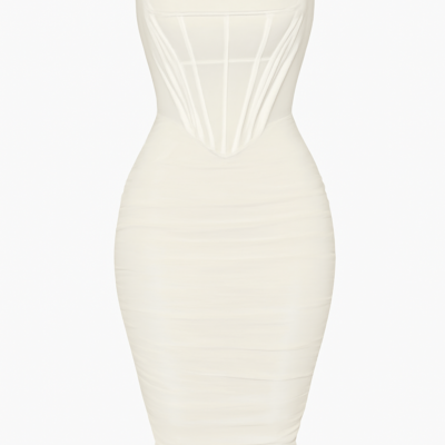 Rochie tip corset bej din tul fără bretele cu lungime medie