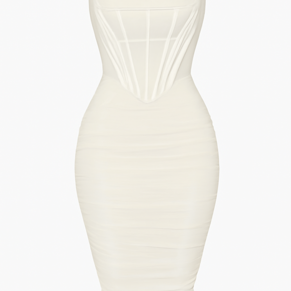 ai-product-12133 Rochie tip corset bej din tul fără bretele cu lungime medie