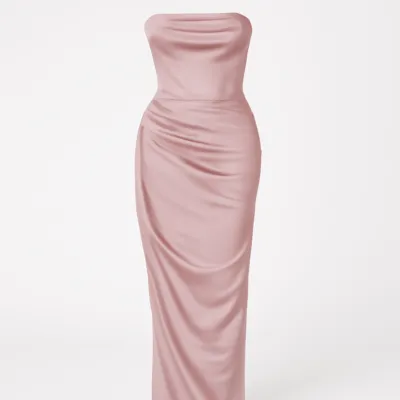 Rochie de seară lungă roz fără bretele cu corset