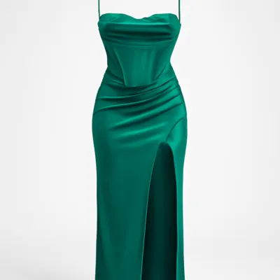 Rochie cu corset verde smarald cu gât golaș