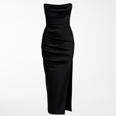 Rochie lungă neagră cu corset și picior despicat