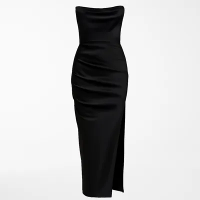 Rochie lungă neagră cu corset și picior despicat