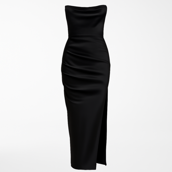 Rochie lungă neagră cu corset și picior despicat