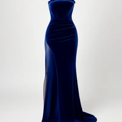 Rochie lungă albastră cu corset fără bretele, cu picior despicat
