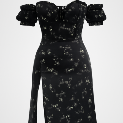 Rochie corset cu imprimeu floral negru de epocă