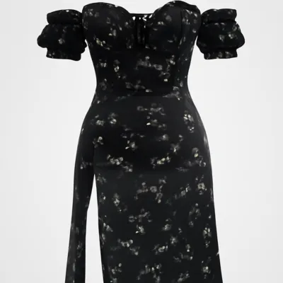 Rochie corset cu imprimeu floral negru de epocă