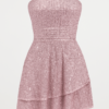 Rochie corset elegantă, simplă și moale, scurtă, de culoare trandafir vechi, cu volane plisate