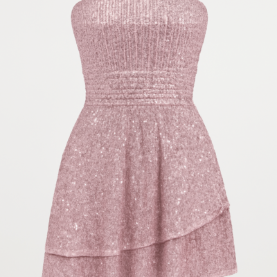 Rochie corset elegantă, simplă și moale, scurtă, de culoare trandafir vechi, cu volane plisate