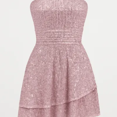Rochie corset elegantă, simplă și moale, scurtă, de culoare trandafir vechi, cu volane plisate
