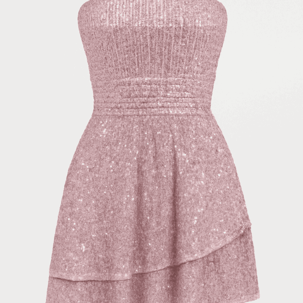 Rochie corset elegantă, simplă și moale, scurtă, de culoare trandafir vechi, cu volane plisate