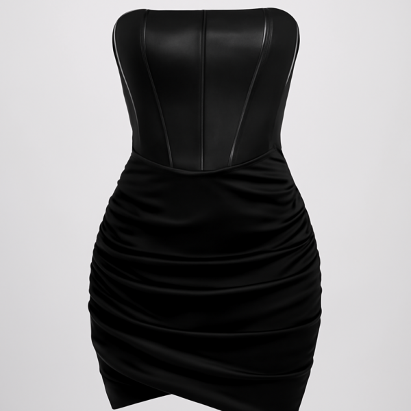 ai-product-13091 Rochie corset scurtă neagră, mulată, fără bretele, monocoloră, cu tiv tulipan încrețit din pu
