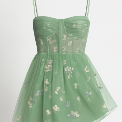 Rochie de bal mini a-line din dantelă brodată verde măslin cu bretele cu arc și bustieră în formă de inimă