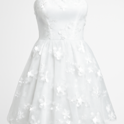 Rochie corset scurtă albă fără bretele cu aplicații florale brodate