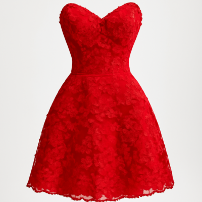 Rochie corset scurtă roșie a-line în tul cu broderie de dantelă florală, cu jugul bustului, pentru nuntă albă, petrecere de vară