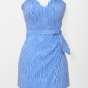 Rochie de seară mini cu corset, fără bretele, în dungi albastru azur, cu croială mulată, bonetă din dantelă și închidere cu cordon