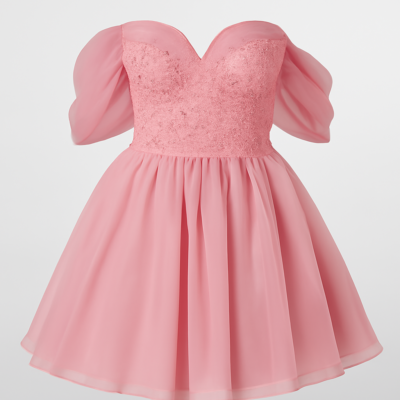Rochie elegantă scurtă cu corset din trandafir vechi, cu mâneci bufante în stil bustieră și accente cu margele și o rochie mare scurtă cu corset evazat din trandafir vechi, perfectă pentru petreceri cocktail