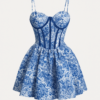 Rochie corset scurtă albastră și albă cu structură corset în talie cu dungi contrastante albastre și albe, imprimare florală pe sutien