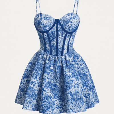 Rochie corset scurtă albastră și albă cu structură corset în talie cu dungi contrastante albastre și albe, imprimare florală pe sutien