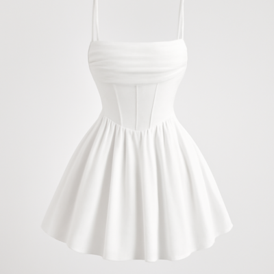 Rochie corset de vară albă, scurtă, cu structură de corset plisată, simplă