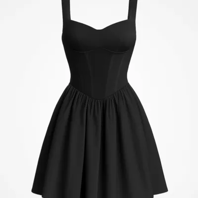 Rochie corset scurtă neagră fără bretele, cu bretele fine de o singură culoare