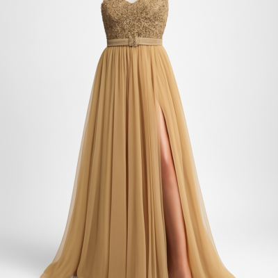 Rochie corset lungă de seară, șampanie, cu paiete, cu centură, împodobită cu plasă contrastantă
