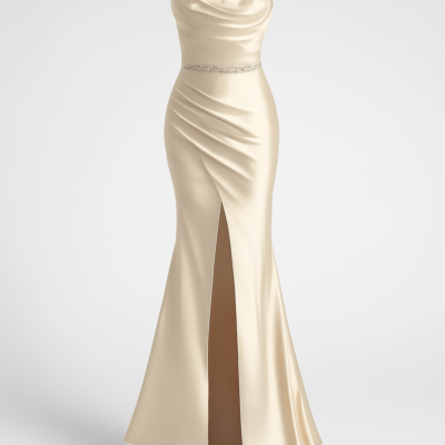 Rochie corset șampanie lungă, formală, cu tiv de sirenă împărțit într-o singură culoare