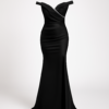Rochie de seară lungă cu corset negru, cu umeri goi și crăpătură înaltă
