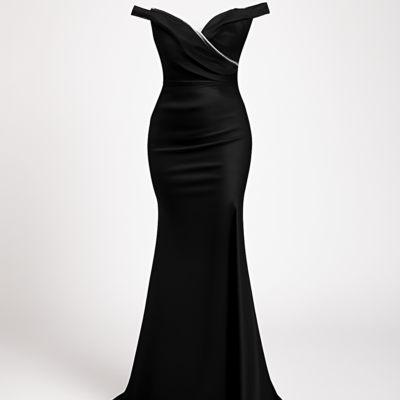 Rochie de seară lungă cu corset negru, cu umeri goi și crăpătură înaltă