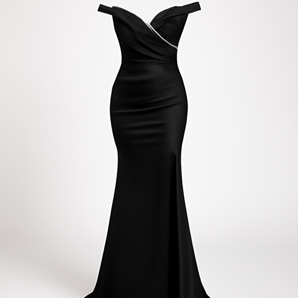 Rochie de seară lungă cu corset negru, cu umeri goi și crăpătură înaltă