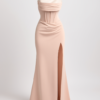 Rochie lungă nude cu corset de bal Rochie de cocktail lungă, strâmtă și elegantă, cu decolteu în inimă, față drapată, fantă înaltă în talie și spate gol
