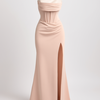 Rochie lungă nude cu corset de bal Rochie de cocktail lungă, strâmtă și elegantă, cu decolteu în inimă, față drapată, fantă înaltă în talie și spate gol