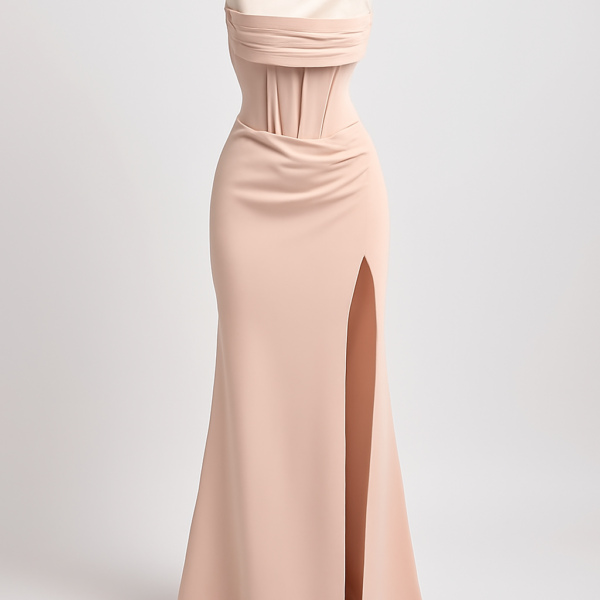 Rochie lungă nude cu corset de bal Rochie de cocktail lungă, strâmtă și elegantă, cu decolteu în inimă, față drapată, fantă înaltă în talie și spate gol