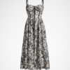 Rochie cami lungă cu corset alb-negru cu structură de corset și imprimeu floral cu ornamente contrastante