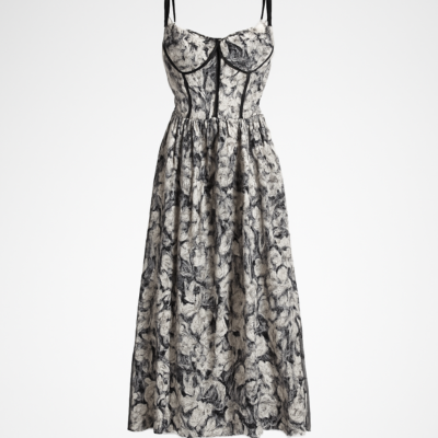Rochie cami lungă cu corset alb-negru cu structură de corset și imprimeu floral cu ornamente contrastante