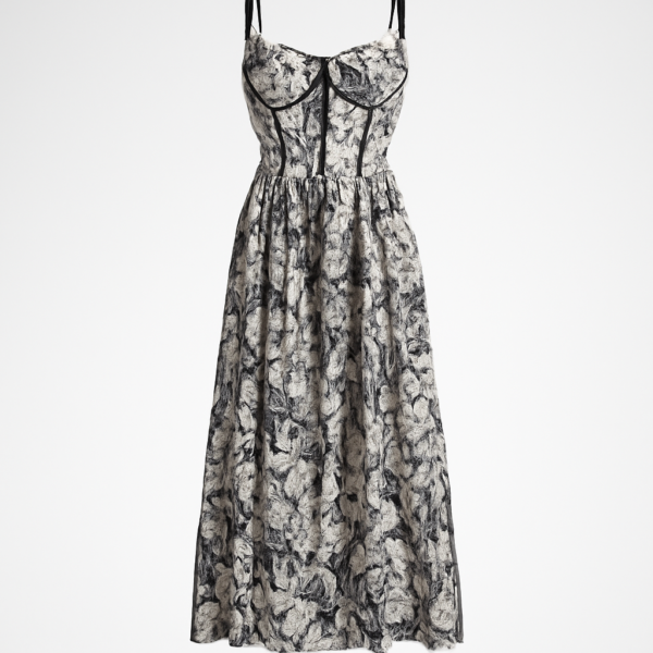 Rochie cami lungă cu corset alb-negru cu structură de corset și imprimeu floral cu ornamente contrastante