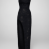 ai-product-13331 Rochie corset de seară elegantă și sexy, lungă, neagră, cu tăietură, cu țesătură strălucitoare pentru femei, cu croială subțire și decolteu echipaj