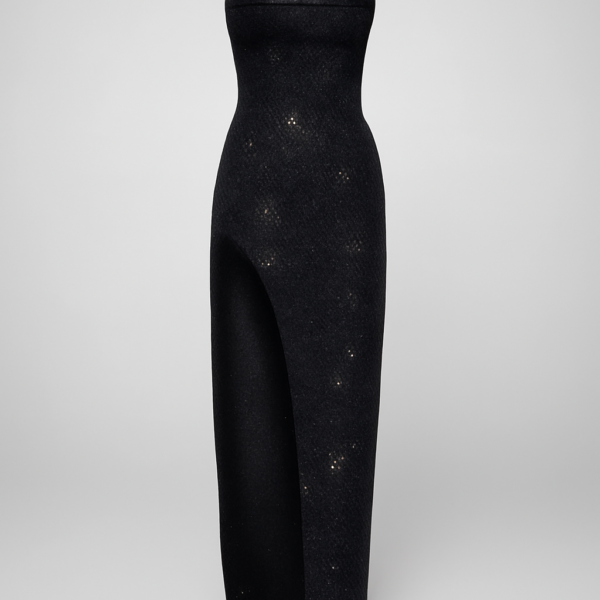 ai-product-13331 Rochie corset de seară elegantă și sexy, lungă, neagră, cu tăietură, cu țesătură strălucitoare pentru femei, cu croială subțire și decolteu echipaj