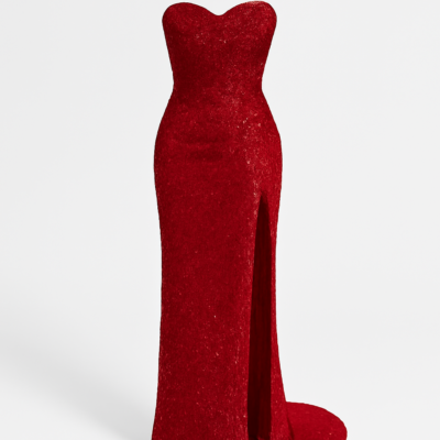 Rochie corset lungă roșie cu spatele deschis, cu cravată în talie și decolteu în formă de inimă