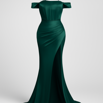 Rochie corset lungă, verde brad, pentru seri formale, cu corset contrastant, fără umeri și tiv rulat